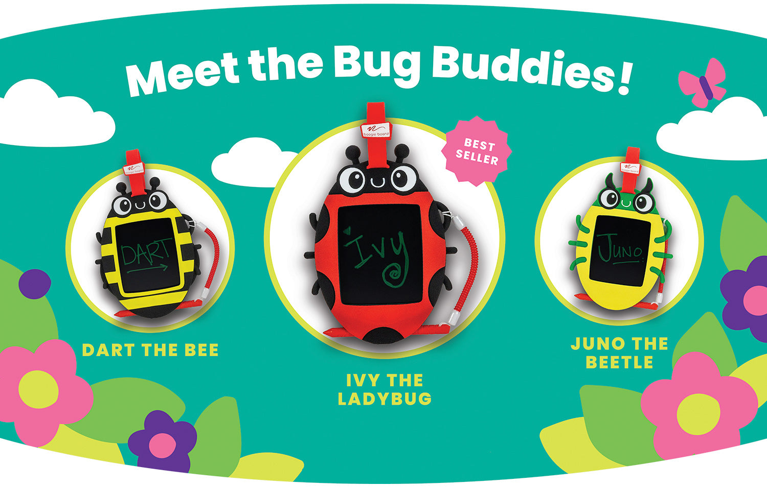 Meet the Bug Buddies! - Doodle sketch these animal drawing boards - Dart the Bee, Ivy the Ladybug and Juno the Beetle