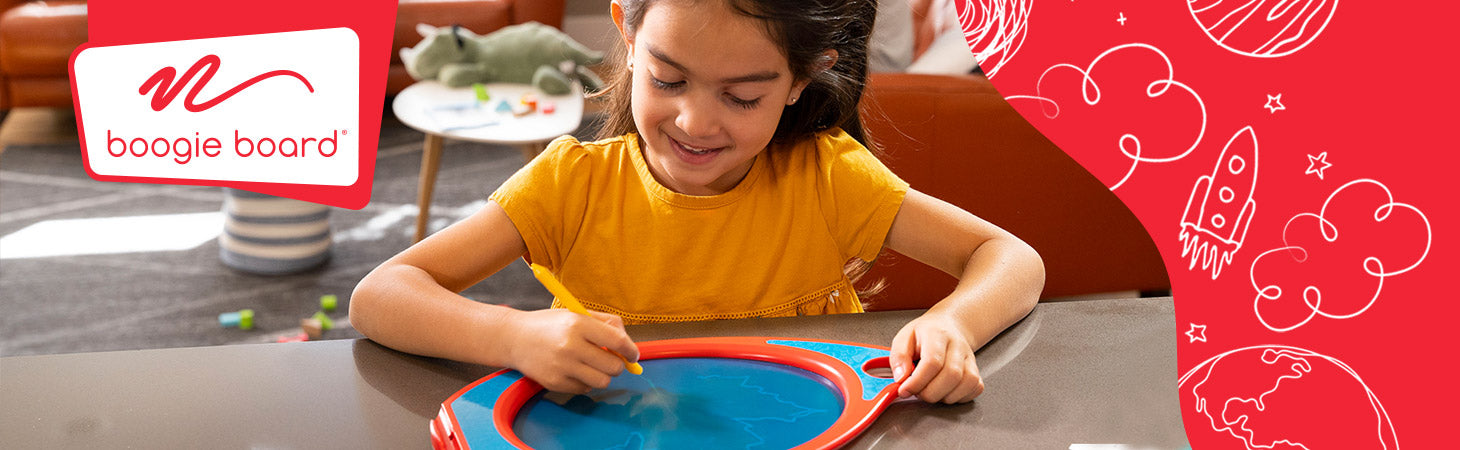 Banner Image girl using Play and Trace with Red Boogie Board logo top left