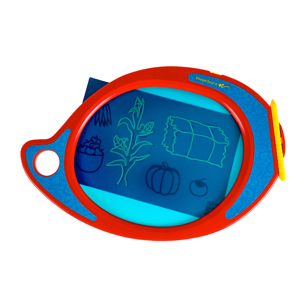 Play n' Trace™ Adventures Drawing Kit - Farm Friends overhead view of drawing on device over a farm themed template