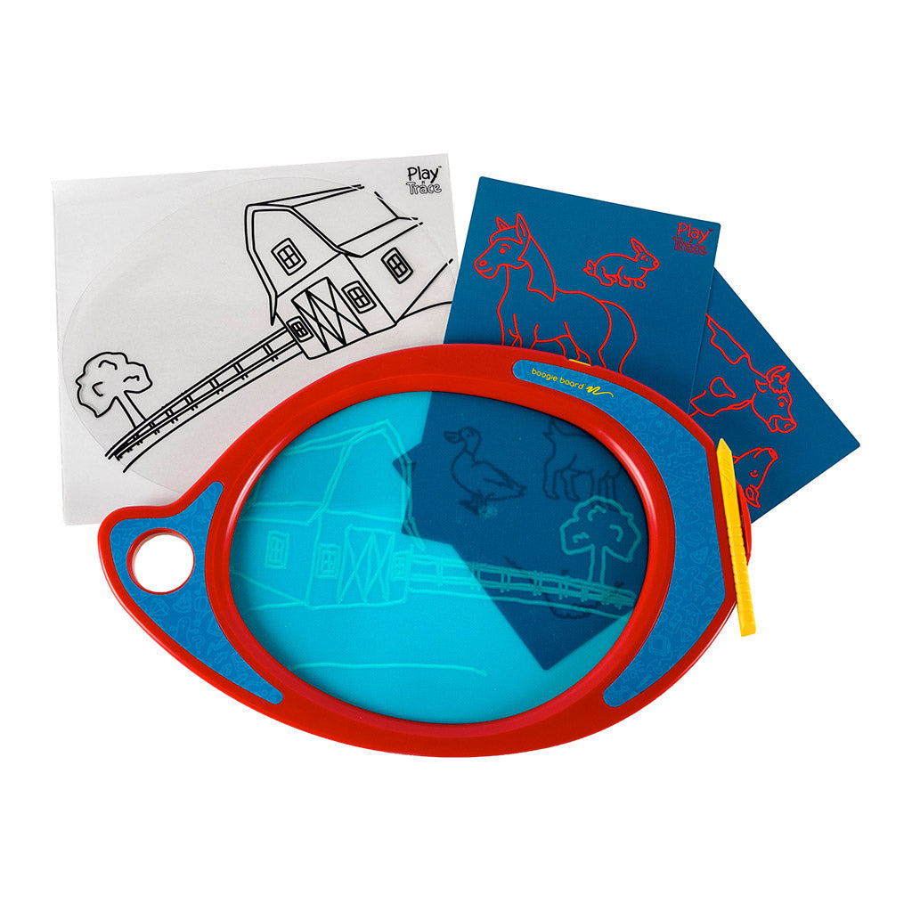 Play n' Trace™ Adventures Drawing Kit - Farm Friends overhead view showing Play n' Trace with drawing on screen, additional templates and clings