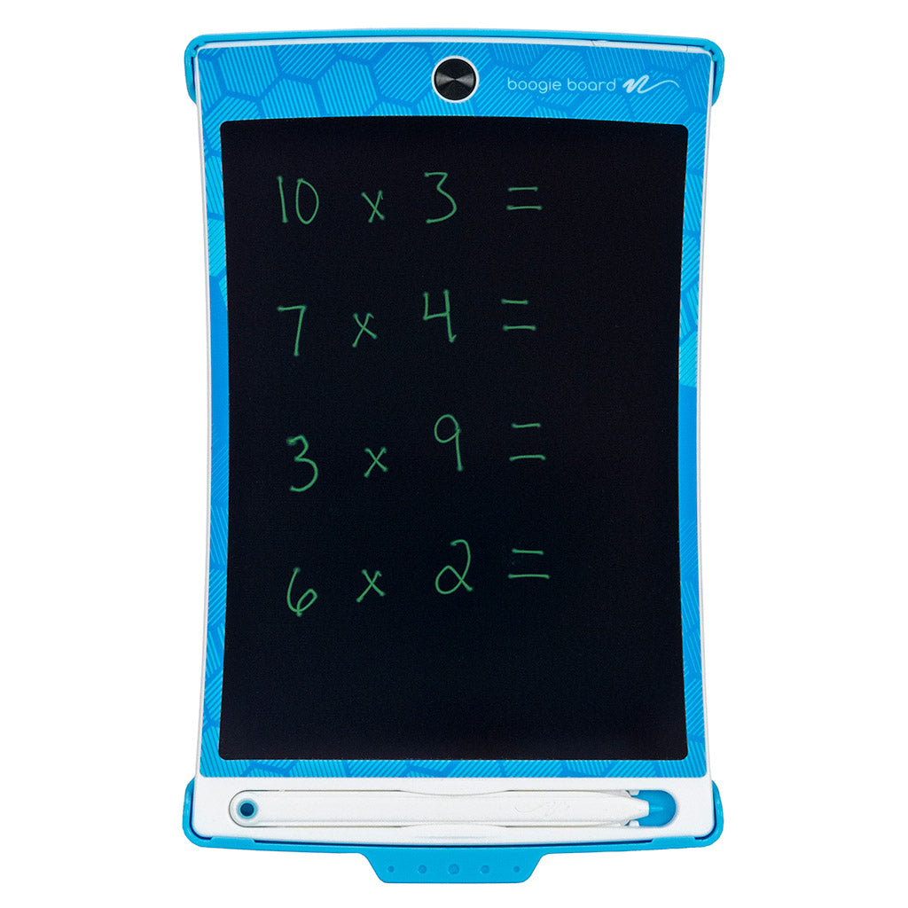 Jot™ Kids Writing Tablet Blue front view with math problems written on screen