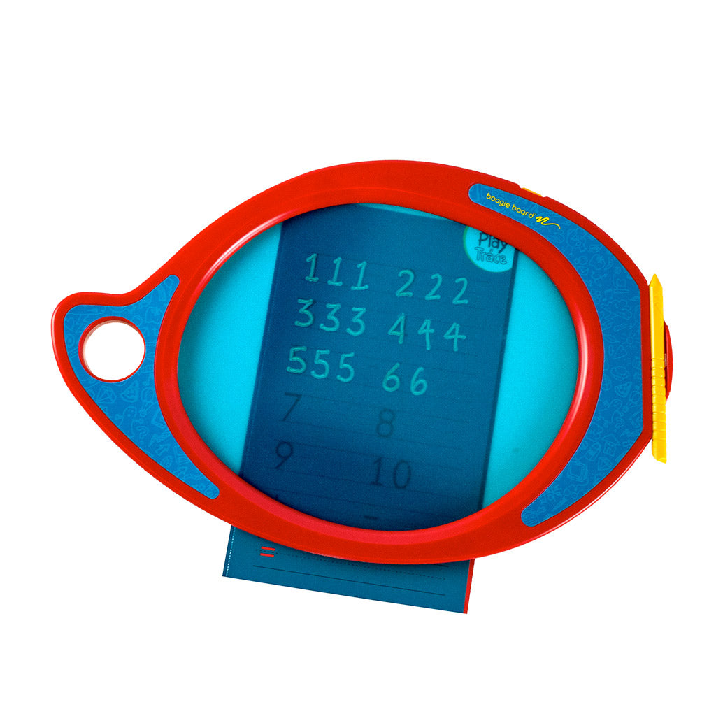 Play n' Trace™ Kids Drawing Kit overhead view with writing on tablet over a learning template