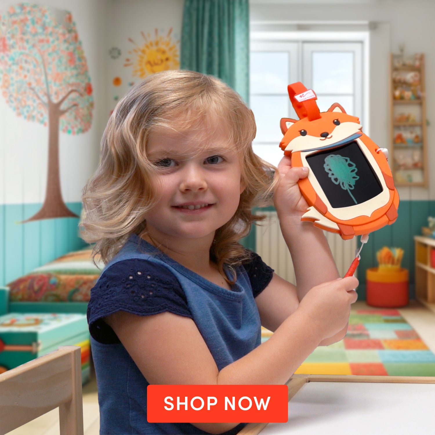 Smiling child holding a Sketch Pals in a playroom