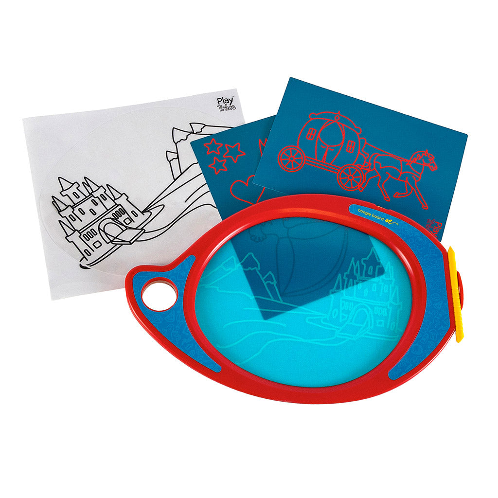 Play n' Trace™ Adventures Drawing Kit - Princess Dream overhead view with writing on tablet, additional clings and templates shown