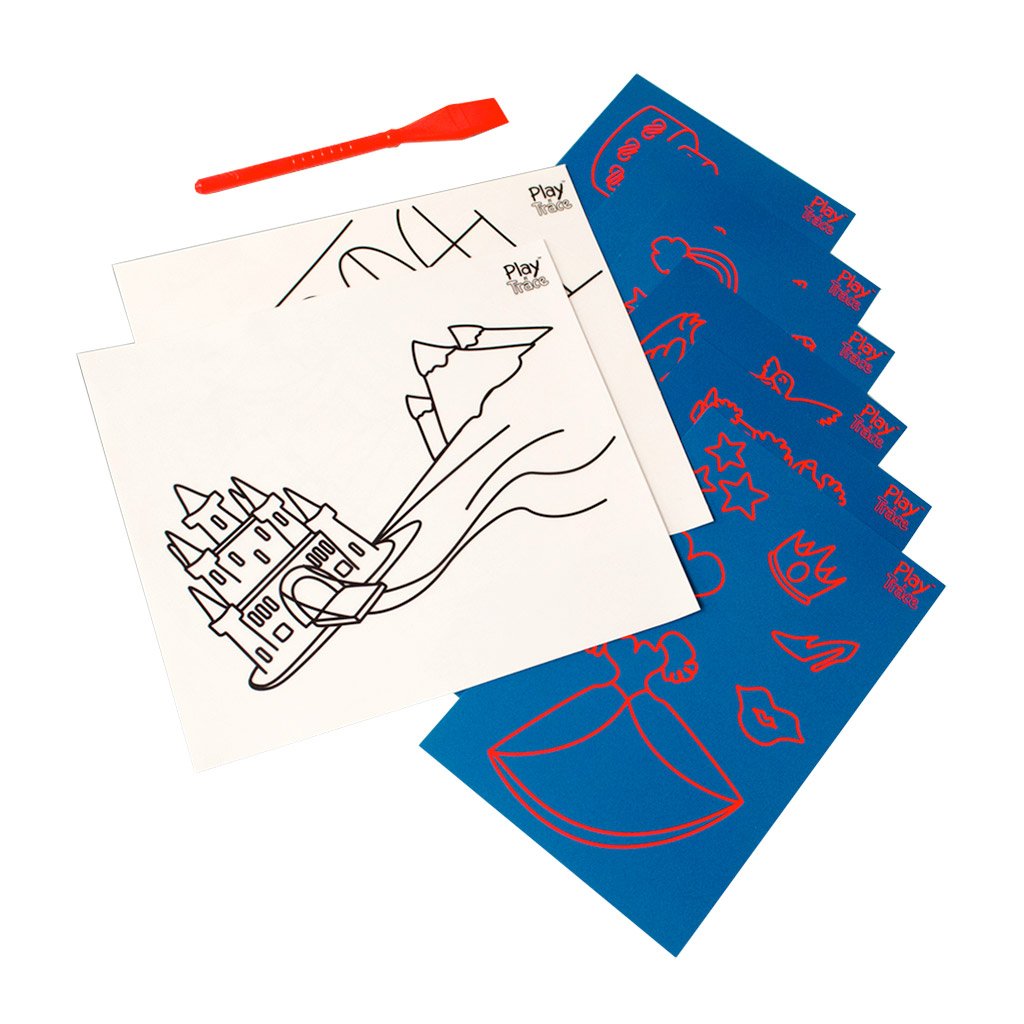 Play n' Trace™ Adventure Activity Templates Princess overhead view of clings, additional templates and stylus