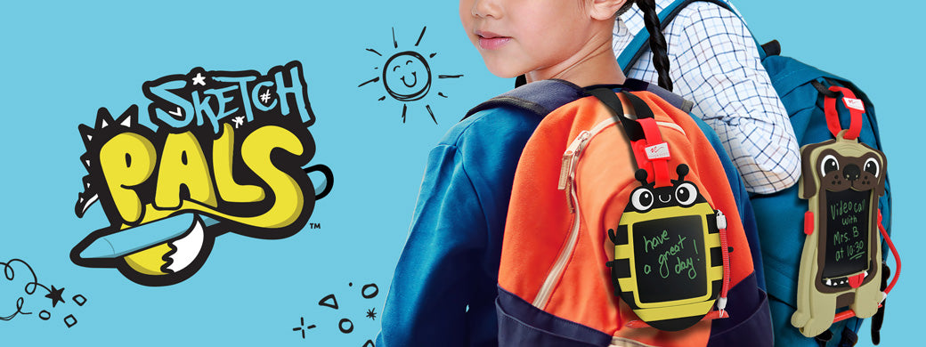 Sketch pals banner image with logo and kids with Sketch Pals clipped to backpack