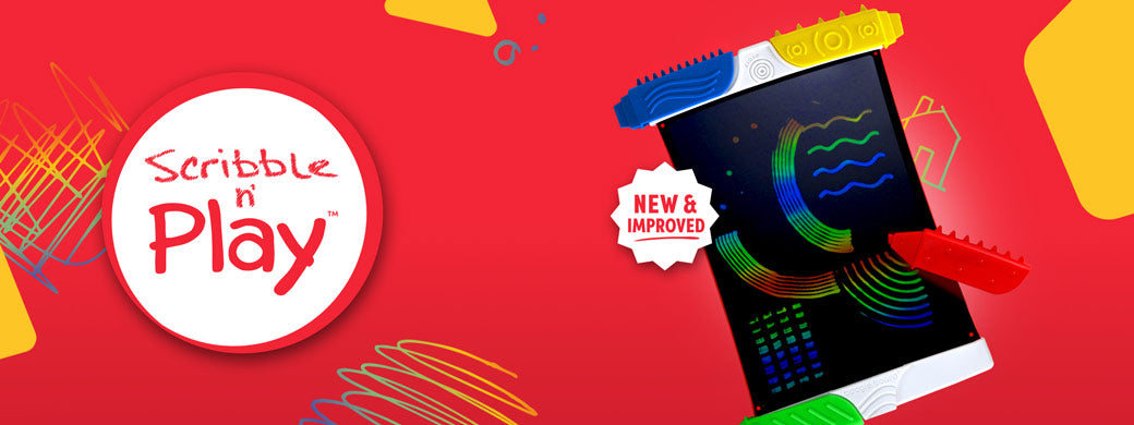 Scribble n' Play red banner with New and Improved tablet displayed