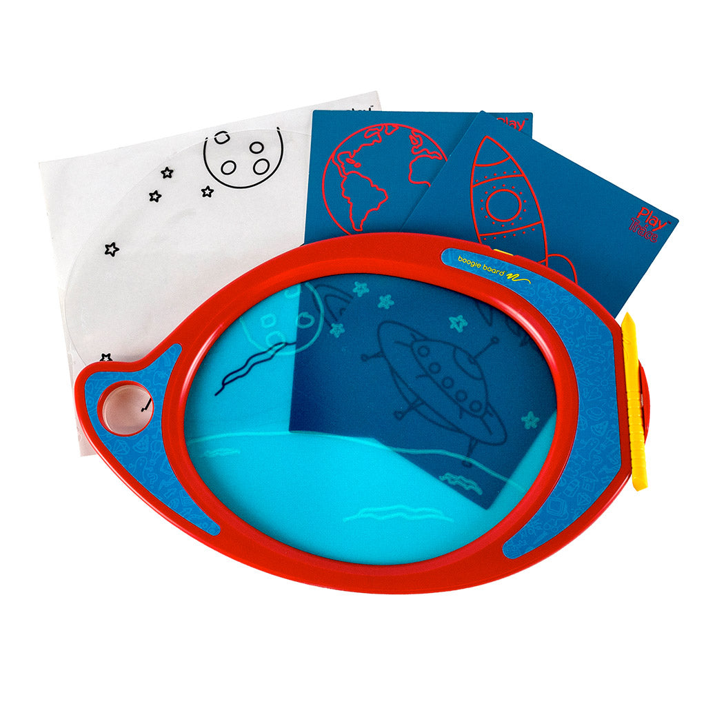 Play n' Trace™ Adventures Drawing Kit - Space Adventure overhead view of tablet with writing and included additional templates and cling